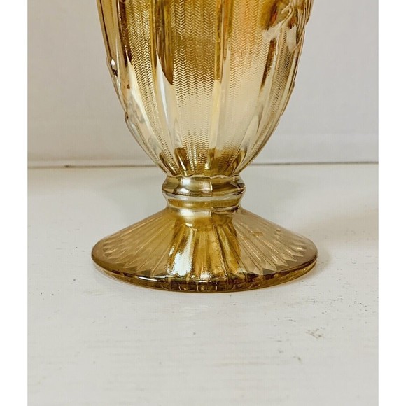 Jeanette Glass Iris & Herringbone Marigold Tall Footed Vase 9" Tall - Picture 4 of 6